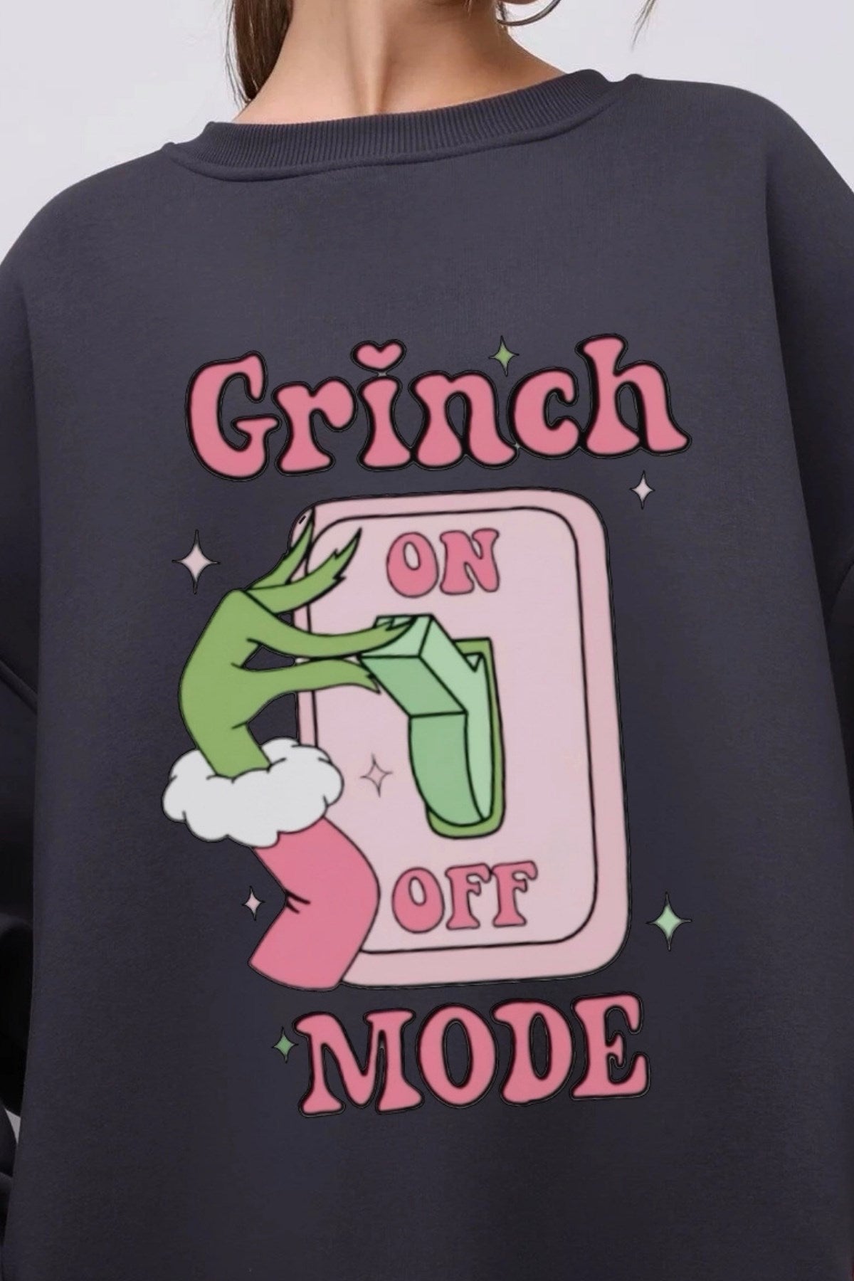 Kadın Oversize Sweatshirt Elbise Grinch Mode Baskılı Füme – Bisiklet Yaka, 3 İplik Şardonlu Polar