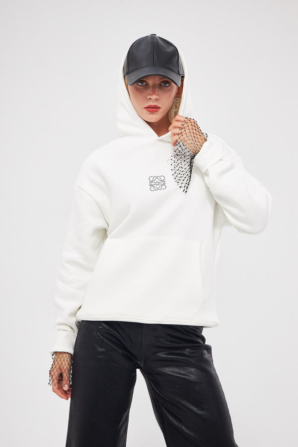 Kapüşonlu İçi Polar Taş Baskılı Beyaz Oversize Hoodie Sweatshirt