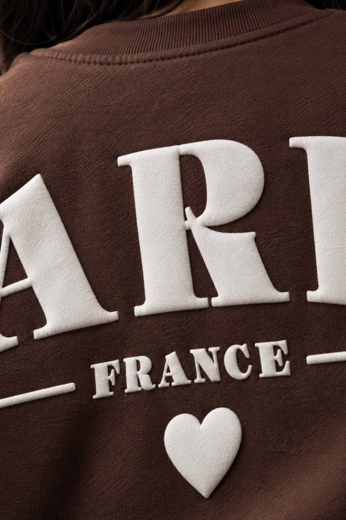 Kadın Oversize Sweatshirt Paris 3D Baskılı Kahverengi – Bisiklet Yaka, Kol ve Sırt Baskılı, 3 İplik