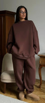 Kadın Oversize Sweat Elbise Eşofman Takımı Basic Kahverrengi – Bisiklet Yaka, Lastikli Paça, 3İplik 