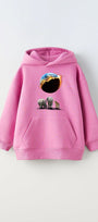 Pembe Kapüşonlu İçi Polar Burning World And Animals Baskılı Unisex Çocuk Sweatshirt