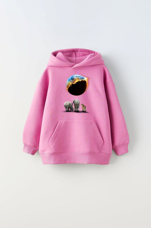 Pembe Kapüşonlu İçi Polar Burning World And Animals Baskılı Unisex Çocuk Sweatshirt