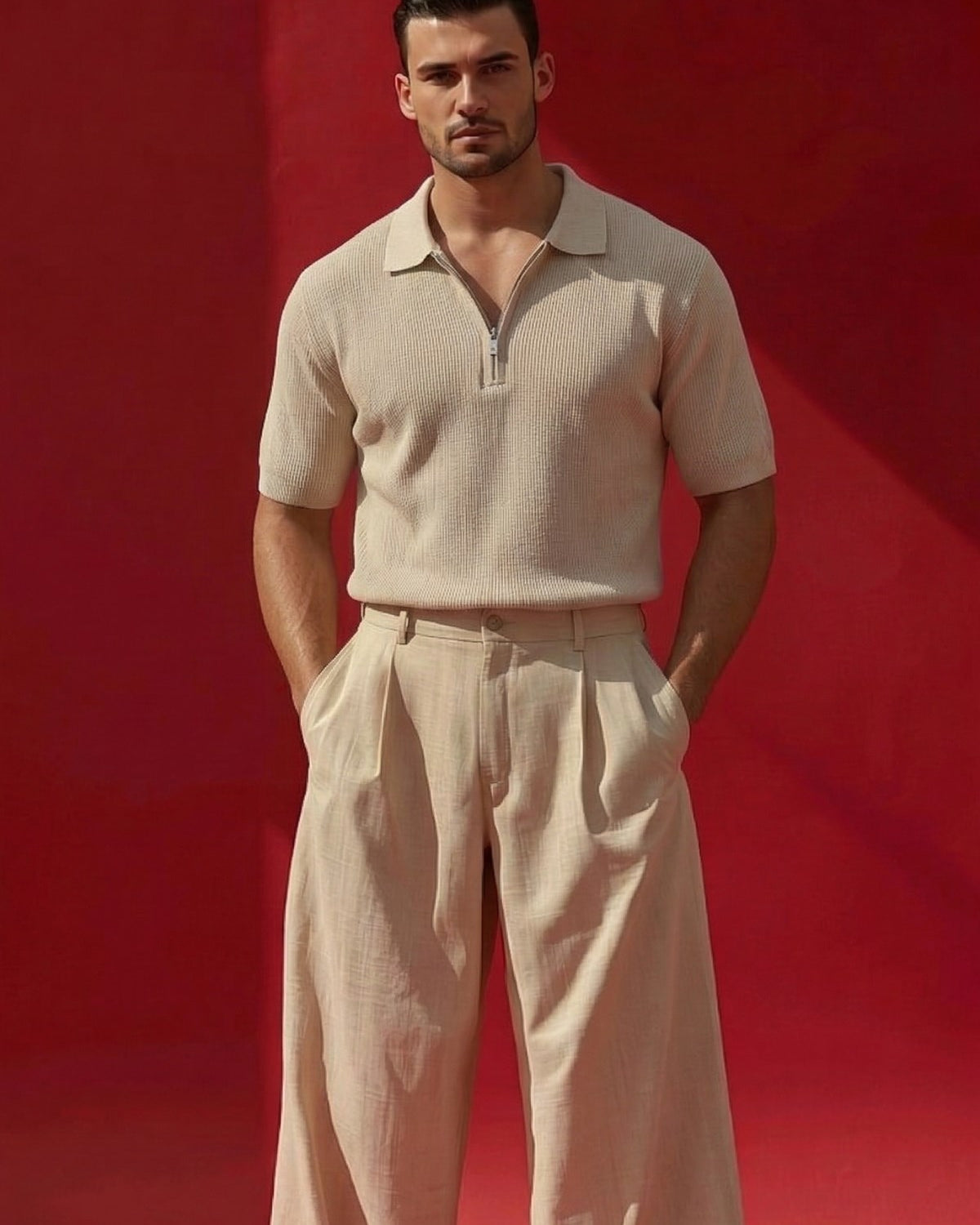 Erkek Dokulu Fitilli Triko Tişört Bej- Polo Yaka, Yarım Fermuar, Fit, Yazlık, Örme 