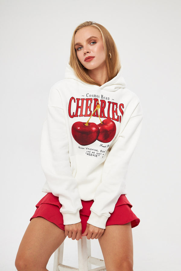 Kapüşonlu İçi Polar Cherries Yazılı Kiraz Baskılı Beyaz Oversize Hoodie Sweatshirt