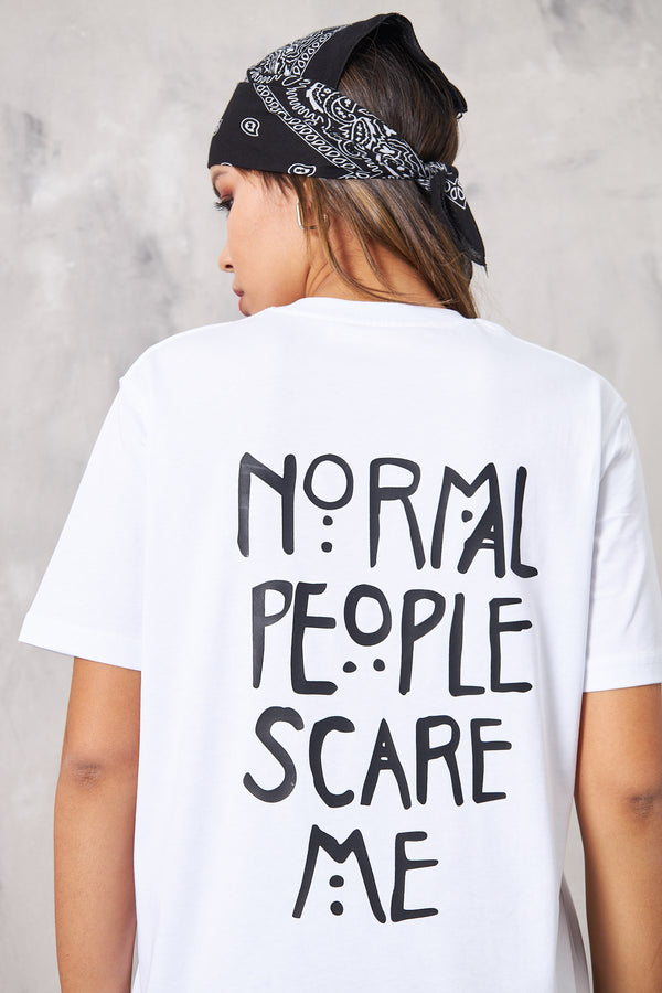 The Champ Normal People Scare Me Yazı Baskılı Oversize Beyaz Kadın T-Shirt