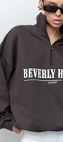 Kadın Füme Beverly Hills CHAMP Baskılı Fermuarlı Yarım Balıkçı Yaka Oversize Sweatshirt – Spor ve Günlük Şık Üst