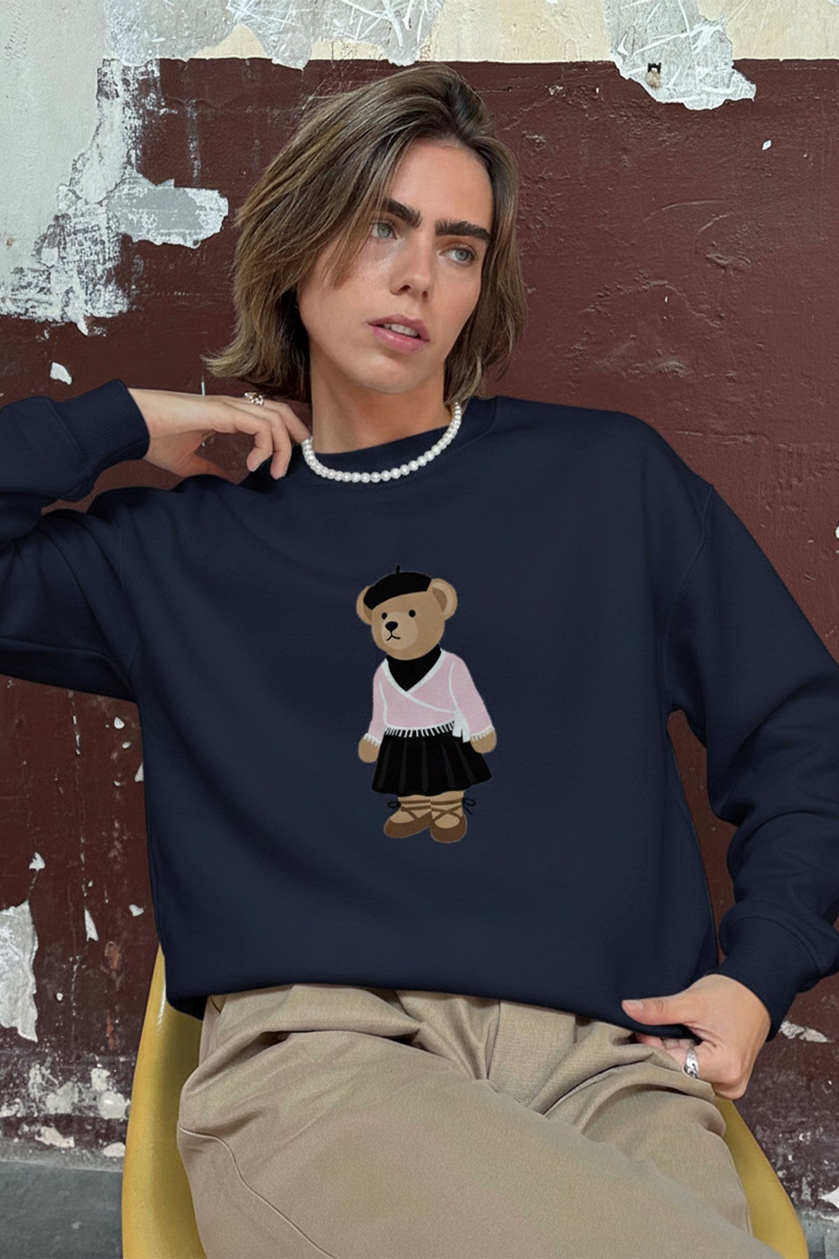 Kadın Oversize Sweatshirt Ballerina Bear Baskılı Lacivert– Bisiklet Yaka, 3 İplik Şardonlu Polar