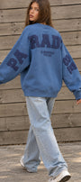 Kadın Oversize Sweatshirt Paradise Varsity Kabartma Baskılı Marine – Bisiklet Yaka, 3 İplik Şardonlu Polar