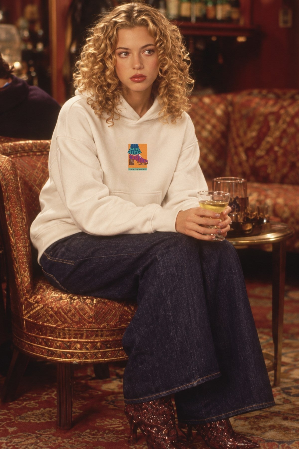 Kadın Oversize Hoodie Seventies Party Baskılı Beyaz - Kapüşonlu, Kanguru Cepli, 3 İplik Polar