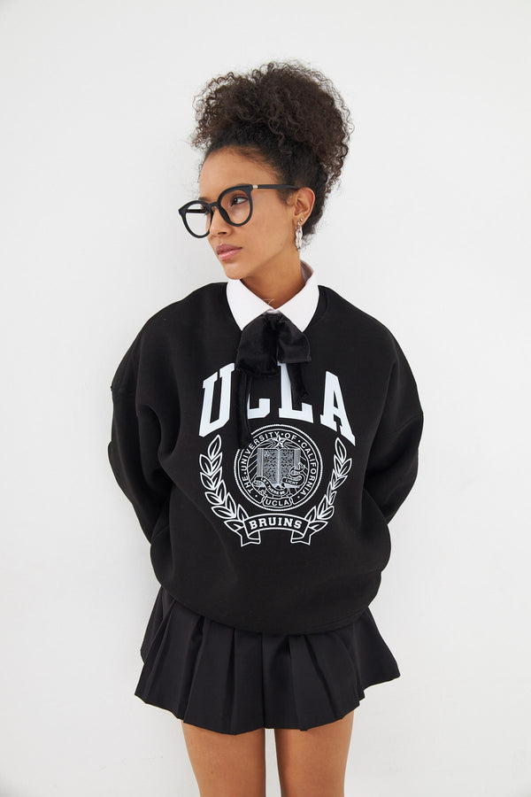 Ucla Yazı Baskılı Bisiklet Yaka İçi Polar Oversize Kesim Unisex Siyah Sweatshirt