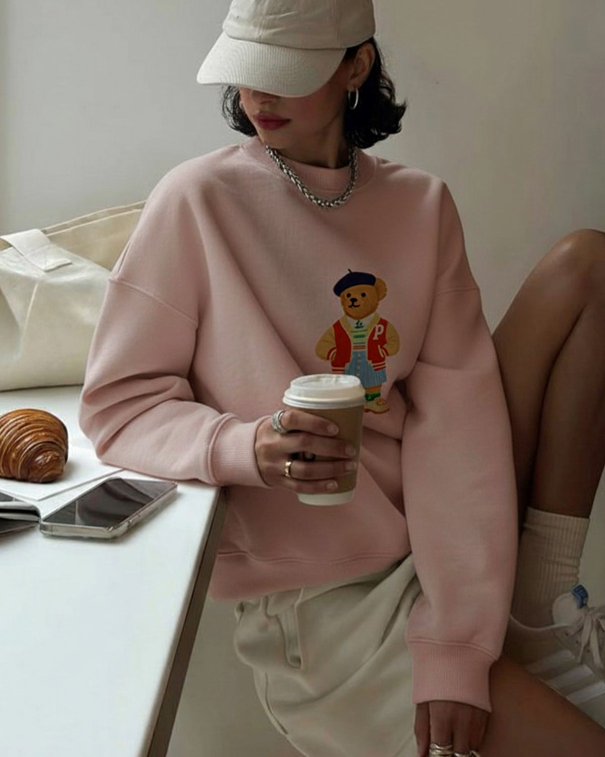 Kadın Oversize Sweatshirt Campus Bear Baskılı Pembe – Bisiklet Yaka, 3 İplik Şardonlu Polar