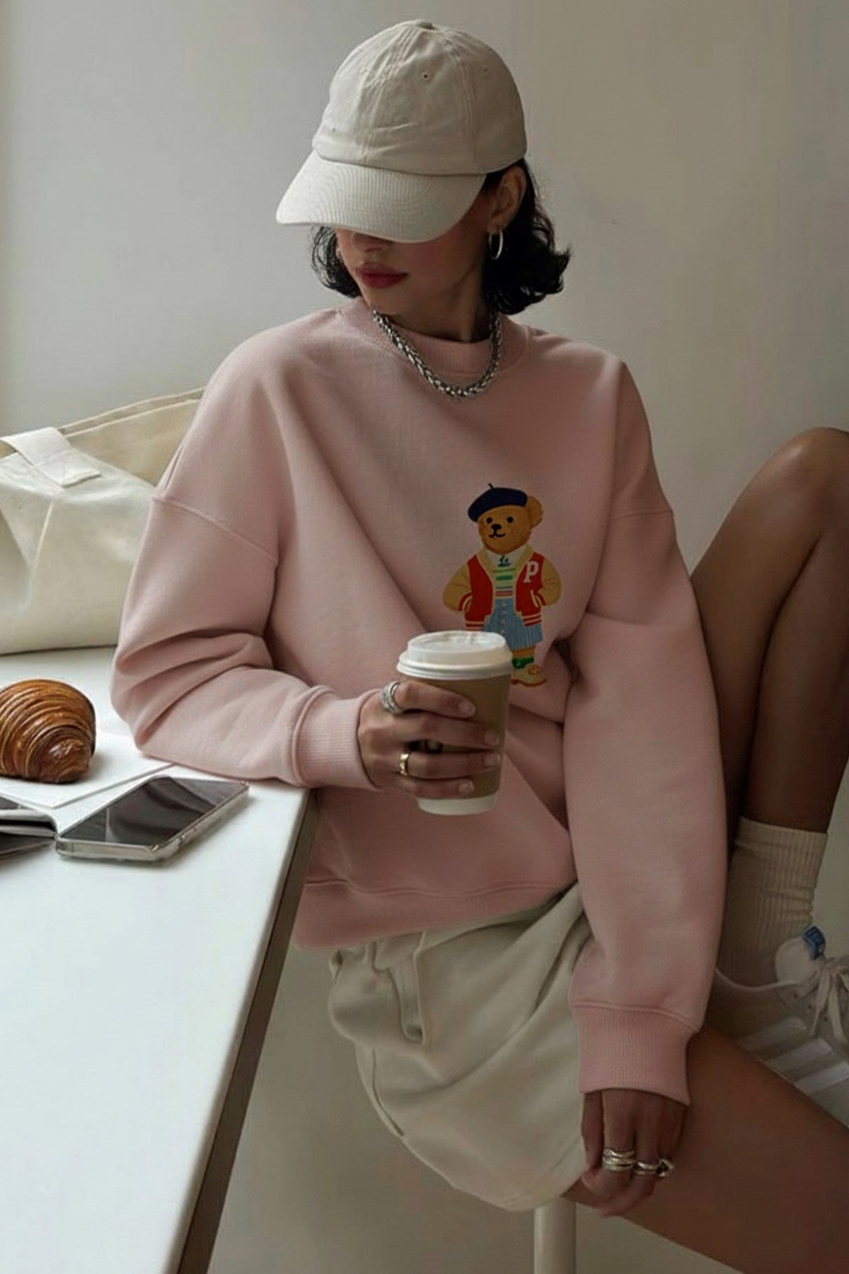 Kadın Oversize Sweatshirt Campus Bear Baskılı Pembe – Bisiklet Yaka, 3 İplik Şardonlu Polar