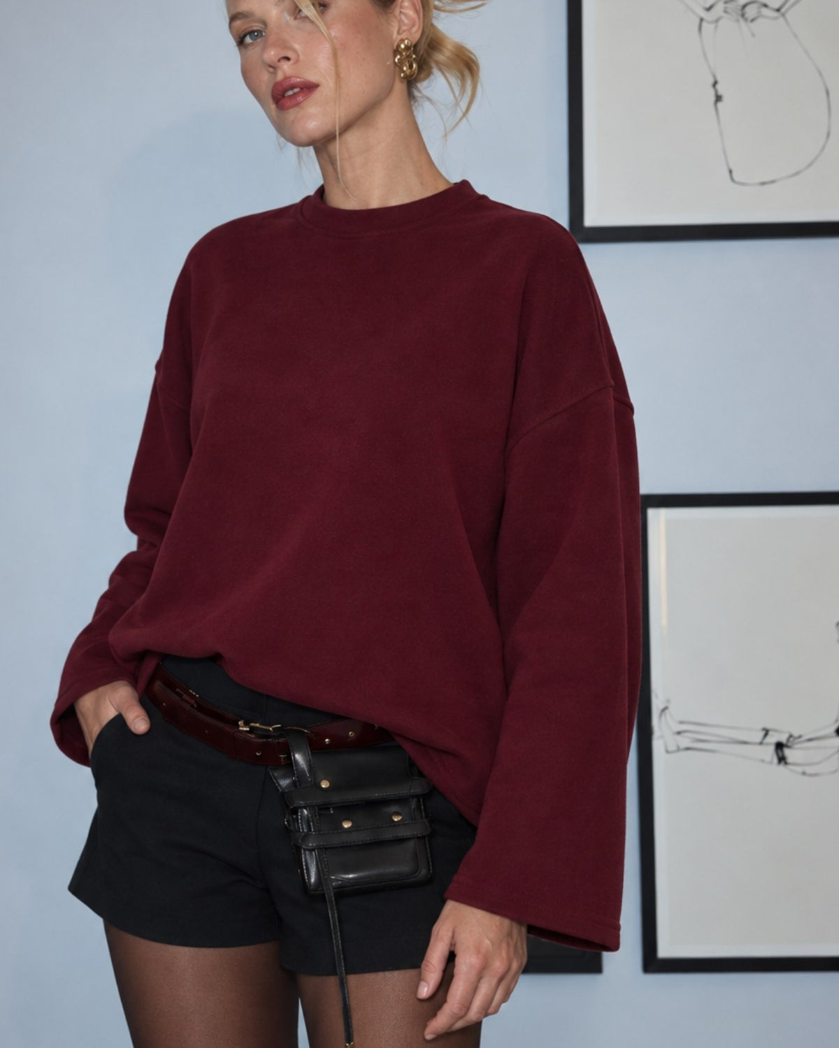 Kadın Relaxed Fit Sweatshirt Basic Bordo – Bisiklet Yaka, 3 İplik Şardonsuz, Düşük Omuz, Geniş Kol