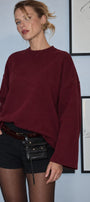 Kadın Relaxed Fit Sweatshirt Basic Bordo – Bisiklet Yaka, 3 İplik Şardonsuz, Düşük Omuz, Geniş Kol