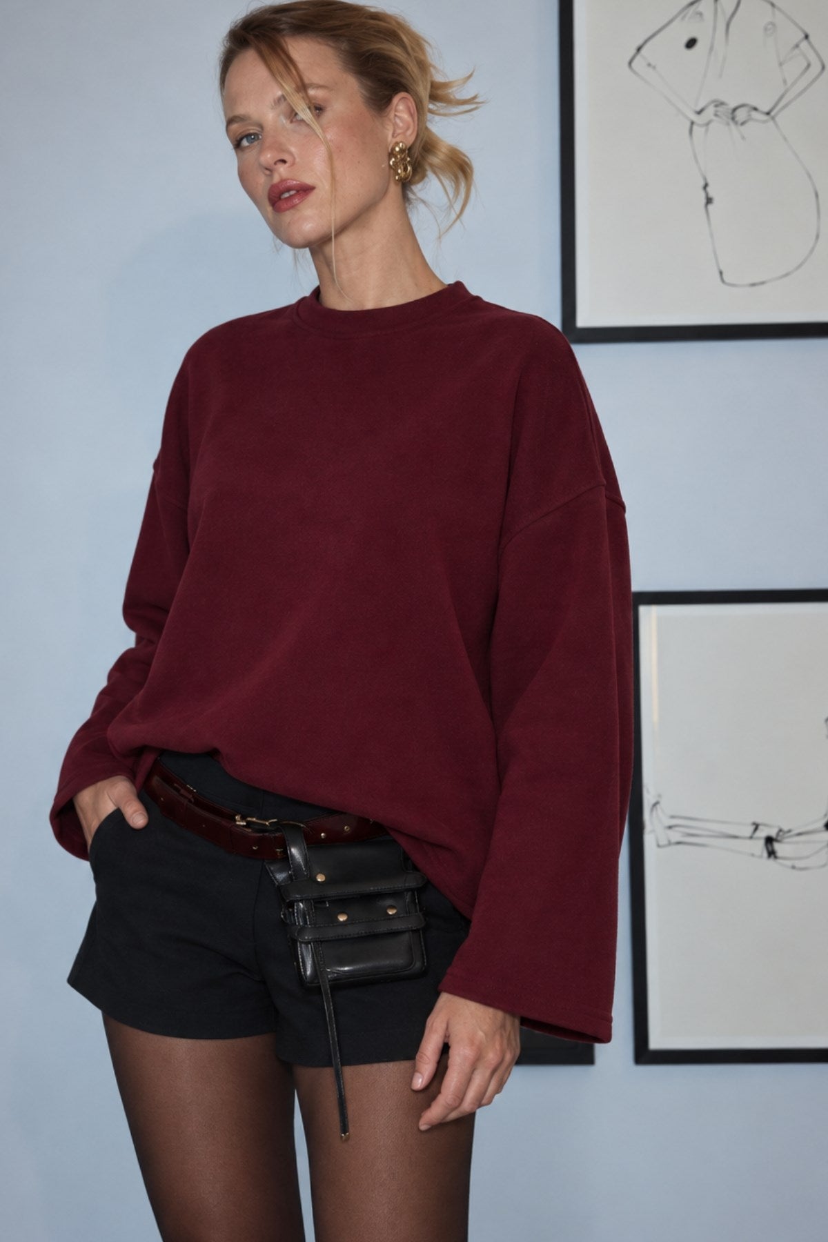 Kadın Relaxed Fit Sweatshirt Basic Bordo – Bisiklet Yaka, 3 İplik Şardonsuz, Düşük Omuz, Geniş Kol