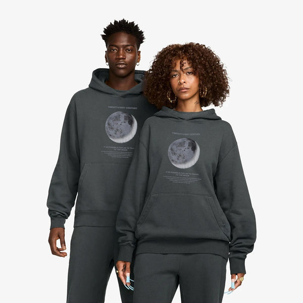 Kapüşonlu İçi Polar Moon Baskılı Füme Unisex Hoodie Sweatshirt