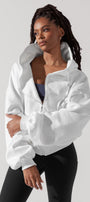 Kadın Beyaz Kapüşonlu Sweatshirt – Fermuarlı 3 İplik Şardonlu Oversize Spor Stil