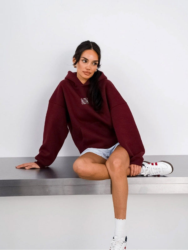 Bordo Unisex Yüksek Baskılı Kapüşonlu Kanguru Cepli Oversize Hoodie