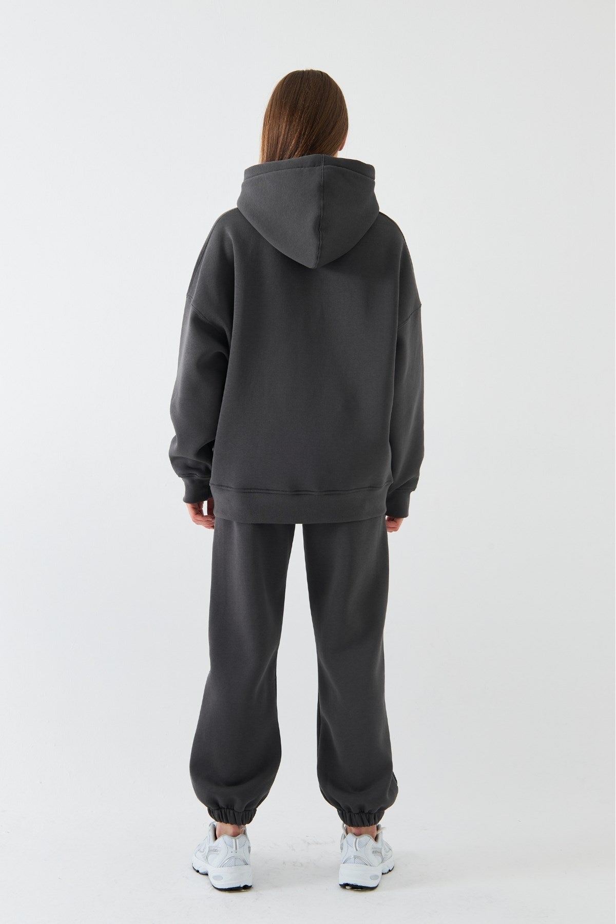  Oversize Unisex Sweatshirt Hoodie Füme – Kapüşonlu, 3 İplik Şardonlu Polar, Kanguru Cepli, Basic