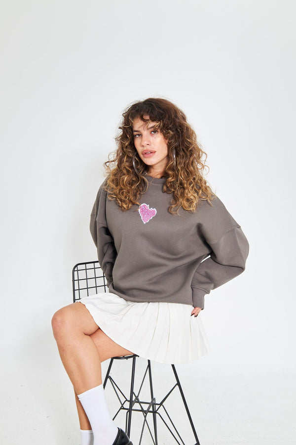 Füme Bisiklet Yaka Kadın No Fear Ön ve Baskılı Oversize Sweatshirt