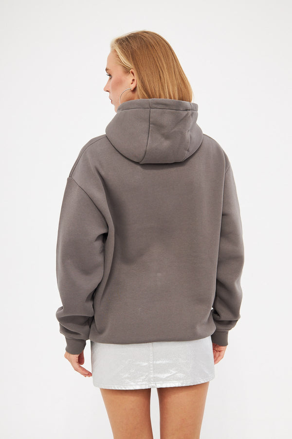 Kapüşonlu İçi Polar Sagittarius Yazılı Taş Baskılı Füme Oversize Hoodie Sweatshirt