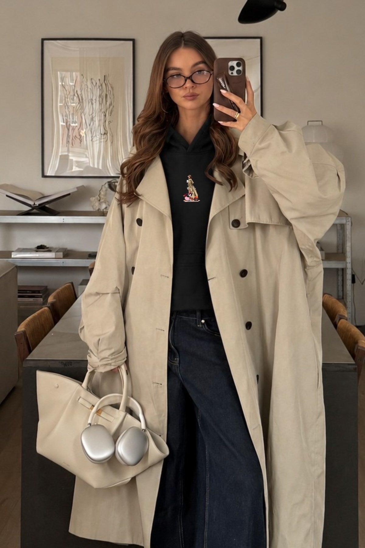 Kadın Oversize Hoodie City Walk Baskılı Siyah – Kapüşonlu, Kanguru Cepli, 3 İplik Polar