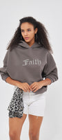 Faith Yazılı Taş Baskılı Kapüşonlu İçi Polar Oversize Füme Sweatshirt