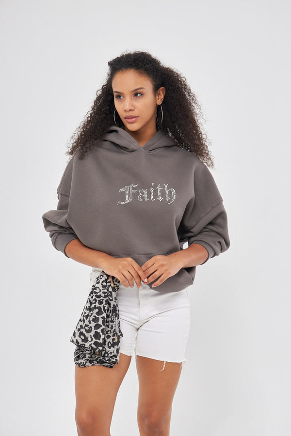 Faith Yazılı Taş Baskılı Kapüşonlu İçi Polar Oversize Füme Sweatshirt