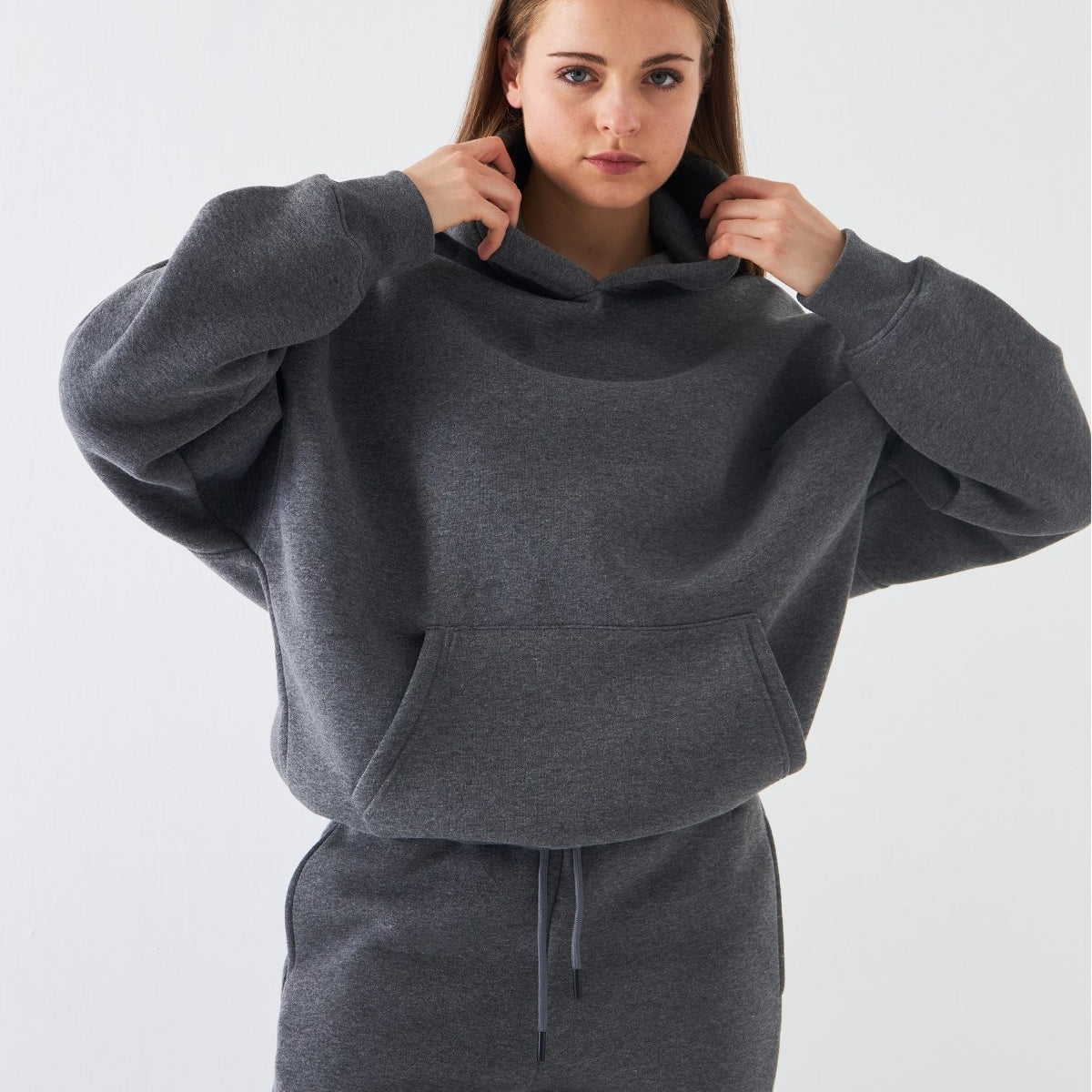Oversize Unisex Sweatshirt Hoodie Füme Melanj – Kapüşonlu, 3 İplik Şardonlu Polar, Kanguru Cepli, Basic