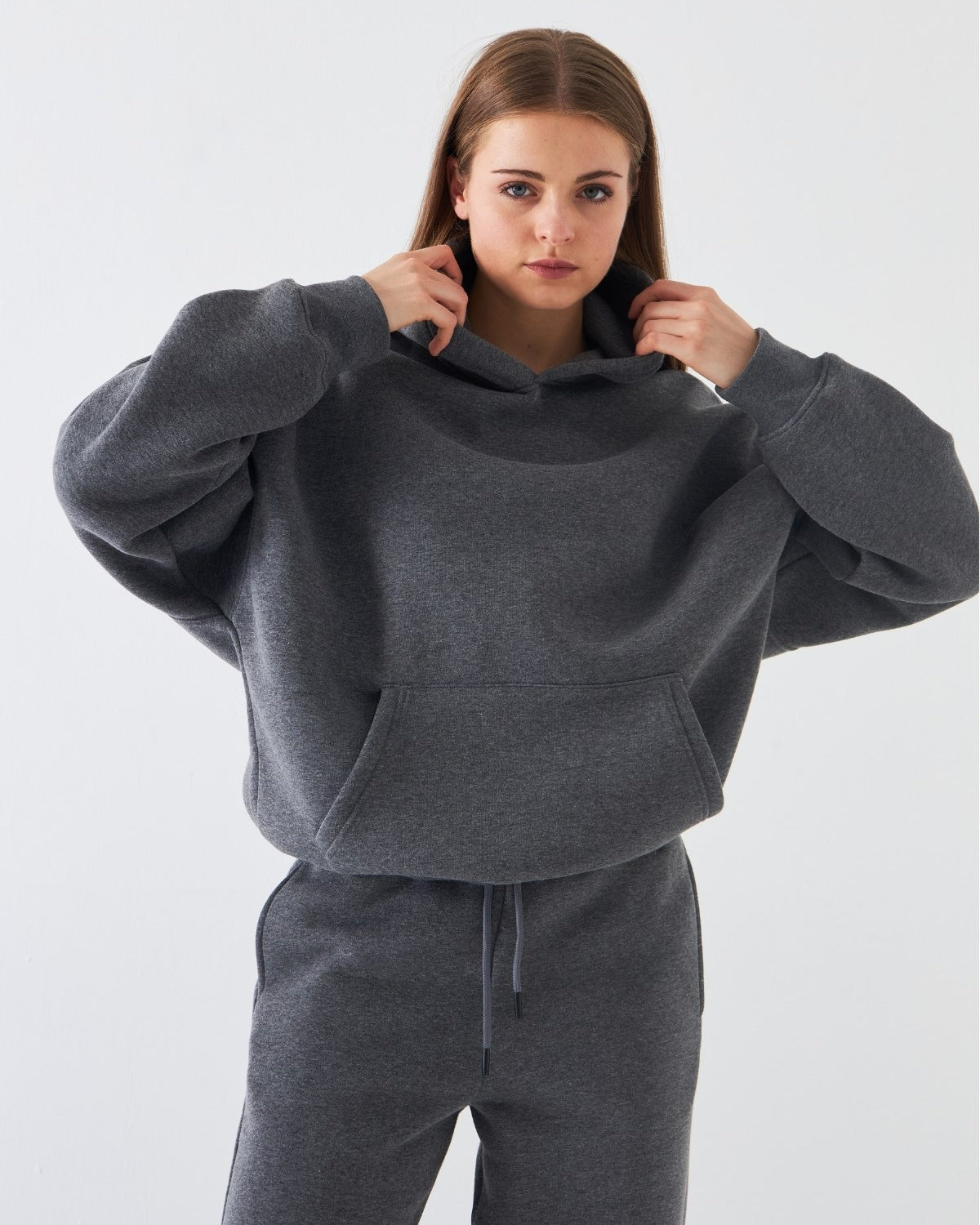 Oversize Unisex Sweatshirt Hoodie Füme Melanj – Kapüşonlu, 3 İplik Şardonlu Polar, Kanguru Cepli, Basic
