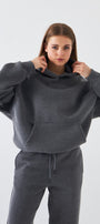 Oversize Unisex Sweatshirt Hoodie Füme Melanj – Kapüşonlu, 3 İplik Şardonlu Polar, Kanguru Cepli, Basic