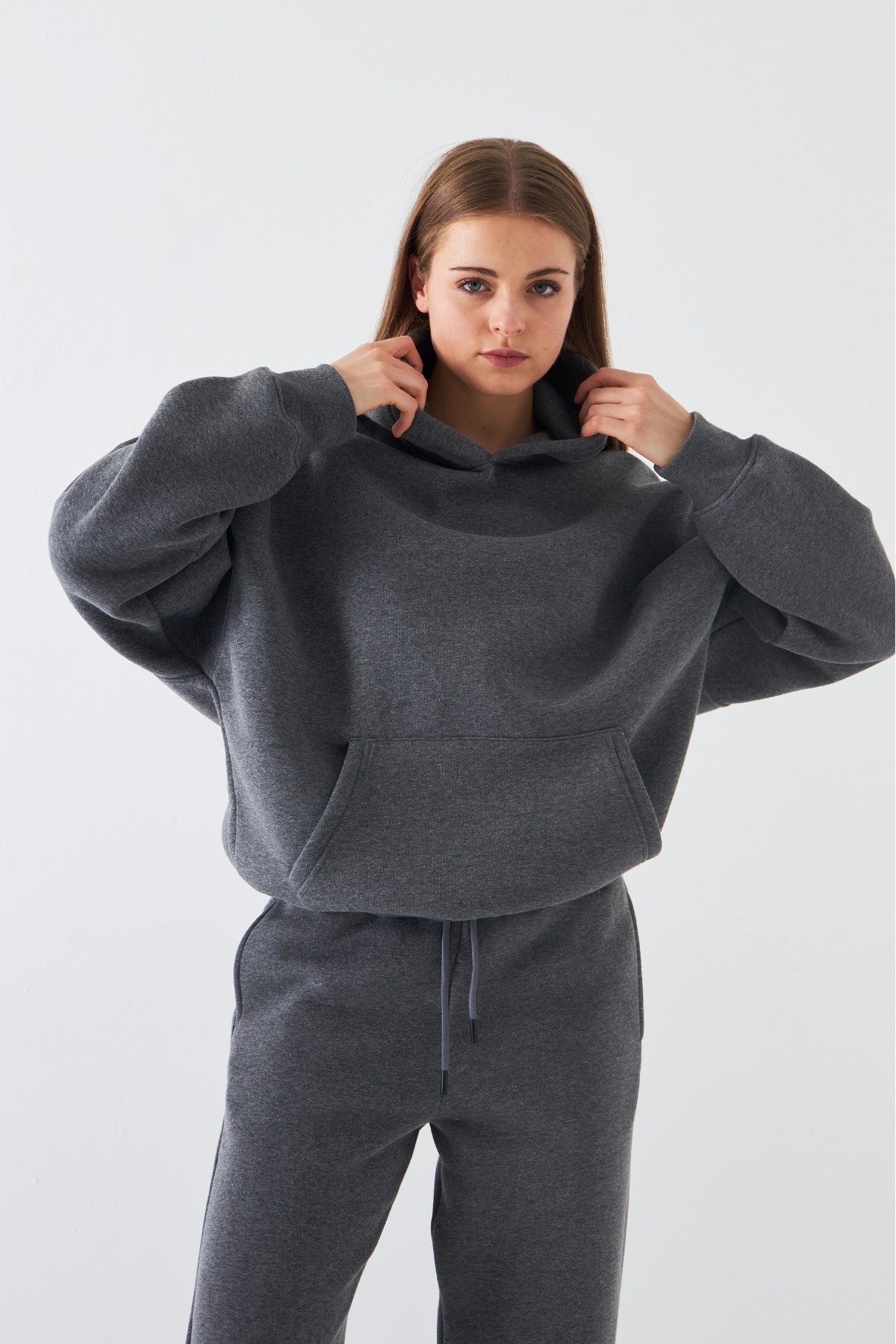 Oversize Unisex Sweatshirt Hoodie Füme Melanj – Kapüşonlu, 3 İplik Şardonlu Polar, Kanguru Cepli, Basic