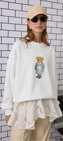 Kadın Oversize Sweatshirt Preppy Girl Bear Baskılı Beyaz – Bisiklet Yaka, 3 İplik Şardonlu Polar