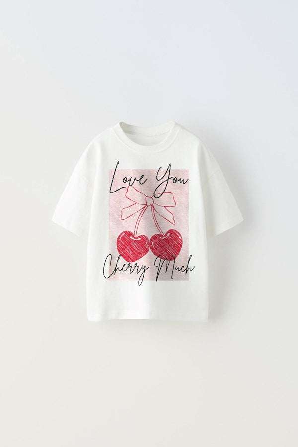 Love You Cherry Much Yazılı Kiraz Tasarım Baskılı Beyaz Çocuk T-shirt