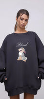 Kadın Oversize Sweatshirt Elbise Blessed Bunny Baskılı Füme – Bisiklet Yaka, 3 İplik Şardonlu Polar
