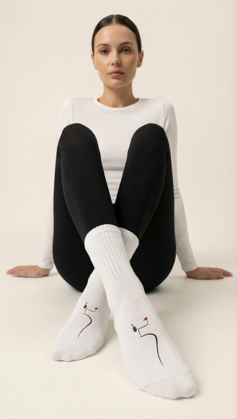 Unisex Beyaz Uzun Çorap Kadın Figürlü - Nefes Alan Pamuklu-Koku Oluşumunu Azaltmaya Yardımcı 6’lI 