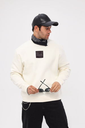 Bisiklet Yaka İçi Polar Syzygy Yazı Baskılı Beyaz Oversize Sweatshirt