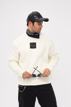 Erkek Bisiklet Yaka İçi Polar Syzygy Yazı Baskılı Beyaz Oversize Sweatshirt