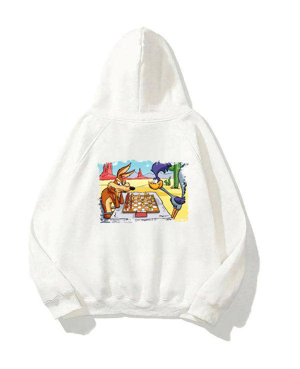 Kapüşonlu İçi Polar Satranç Cartoon Baskılı Beyaz Unisex Oversize Hoodie Sweatshirt