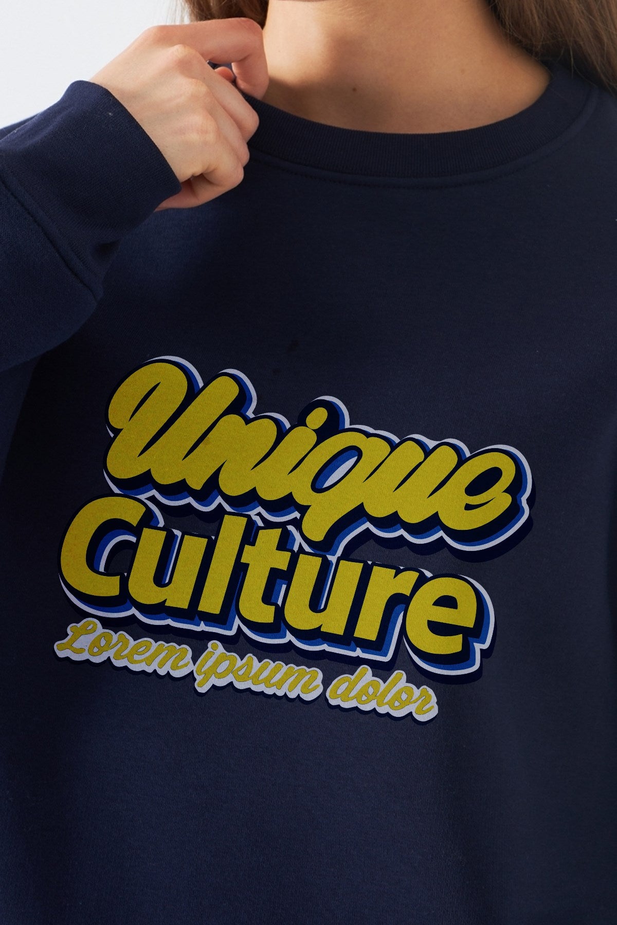 Kadın Oversize Sweatshirt Unique Culture Baskılı Lacivert – Bisiklet Yaka, 3 İplik Şardonlu Polar