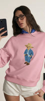 Kadın Oversize Sweatshirt Ranch Bear Baskılı Pembe – Bisiklet Yaka, 3 İplik Şardonlu Polar