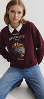 Kadın Oversize Sweatshirt Perles d’Élégance Baskılı Bordo – Bisiklet Yaka, 3 İplik Şardonlu Polar