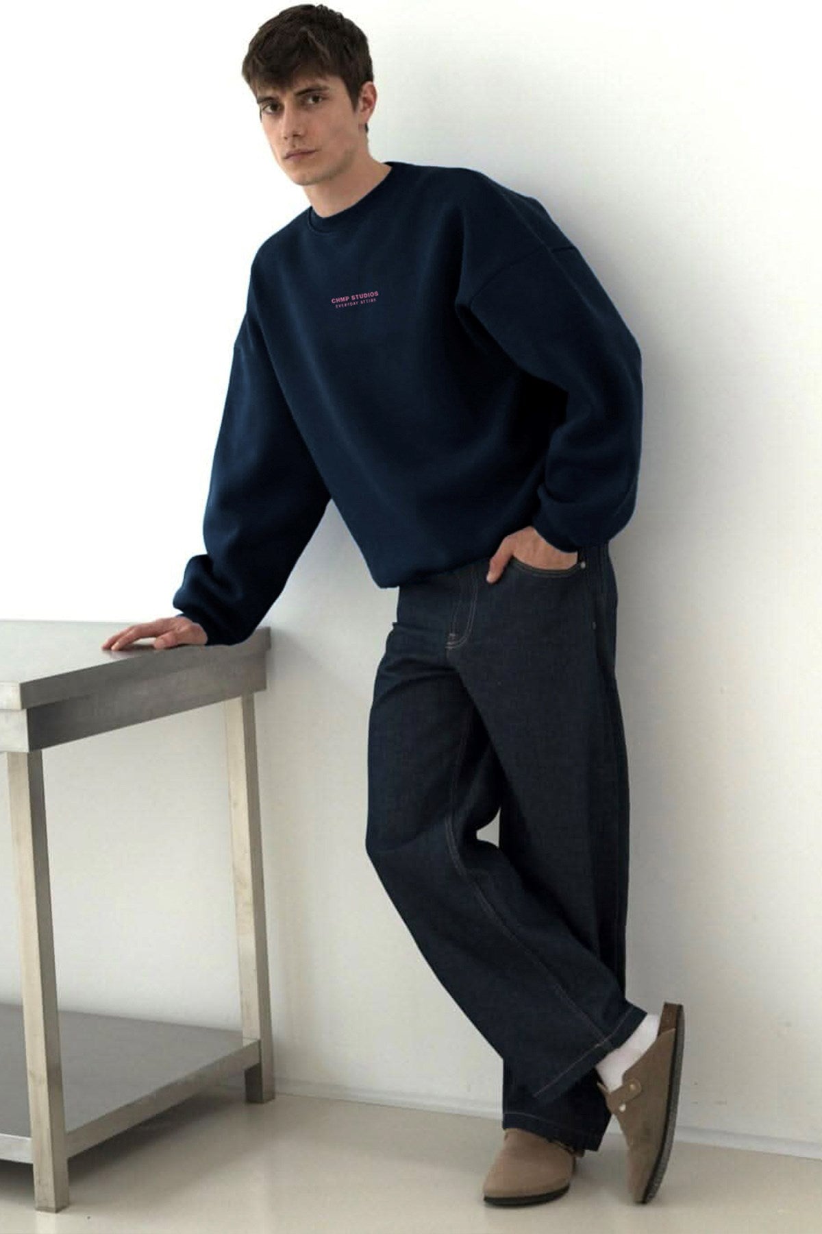 Erkek Oversize Sweatshirt CHMP STUDIOS Lacivert – Bisiklet Yaka, 3 İplik Şardounlu Polar