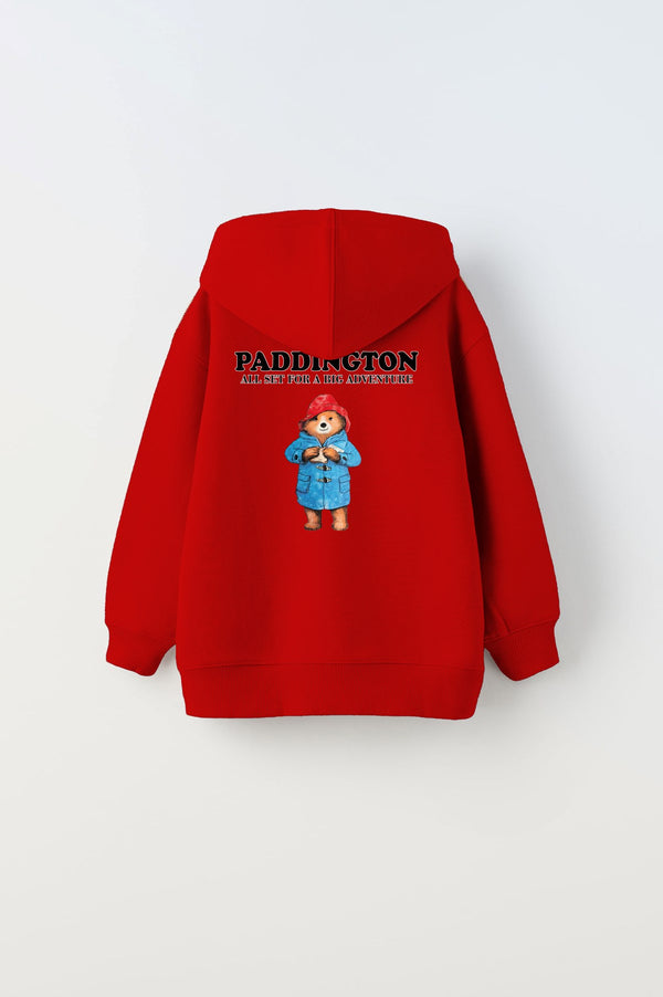 Kapüşonlu İçi Polar Paddington Yazılı Ayı Figür Baskılı Kırmızı Unisex Çocuk Hoodie Sweatshirt