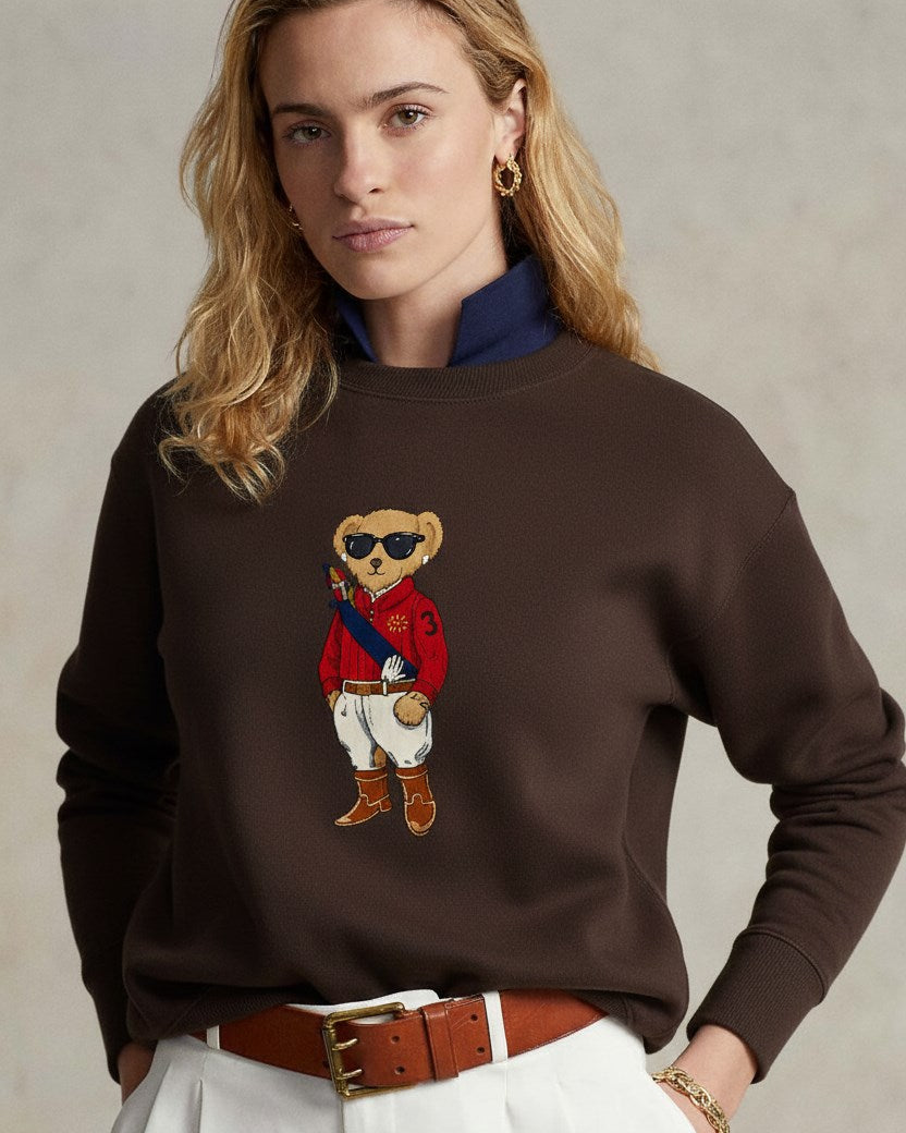 Kadın Oversize Sweatshirt Regatta Bear Baskılı Kahverengi – Bisiklet Yaka, 3 İplik Şardonlu