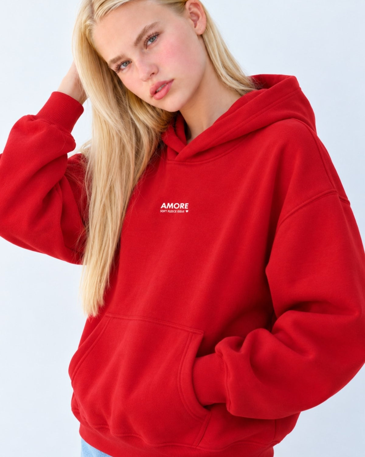 Kadın Oversize Hoodie Amore Baskılı Kırmızı – Kapüşonlu, Kanguru Cepli, 3 İplik Şardonlu Polar