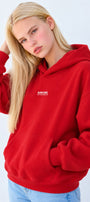 Kadın Oversize Hoodie Amore Baskılı Kırmızı – Kapüşonlu, Kanguru Cepli, 3 İplik Şardonlu Polar