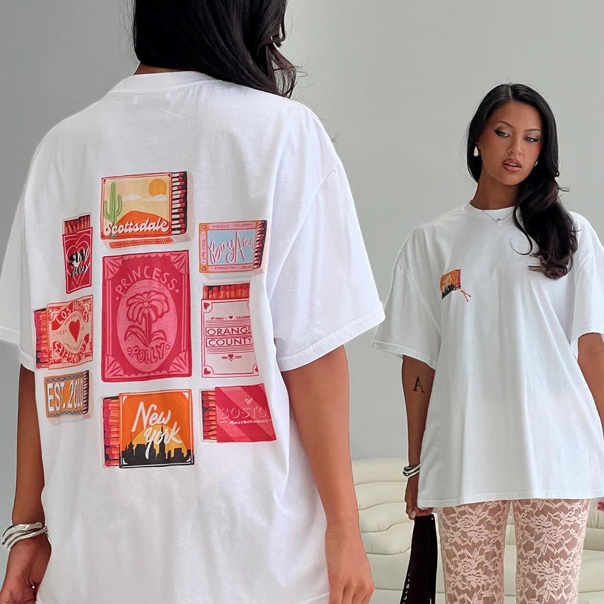 Kadın Oversize Tişört Princess Polly Baskılı Beyaz – Bisiklet Yaka, %100 Pamuk Compact Süprem 24/1