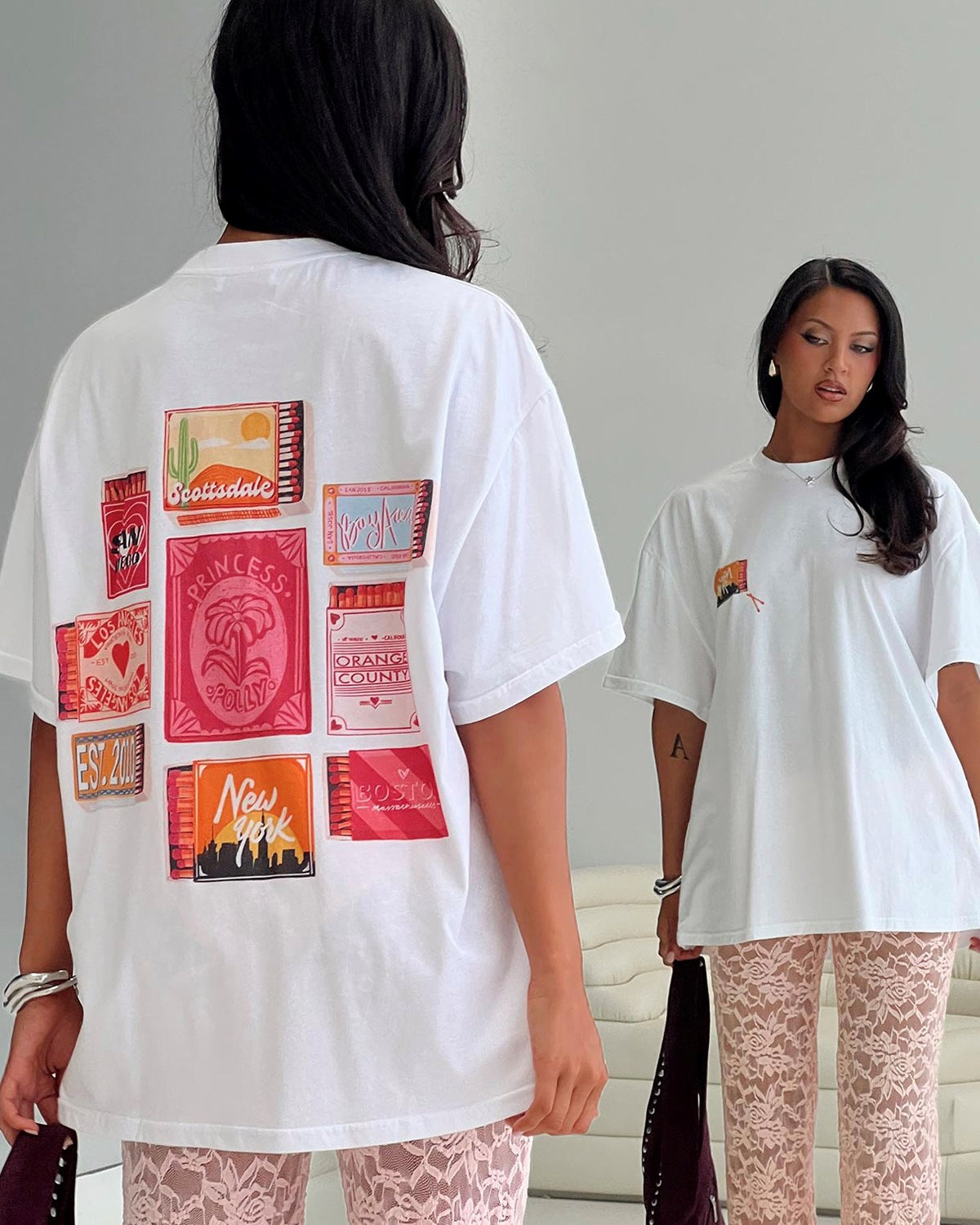 Kadın Oversize Tişört Princess Polly Baskılı Beyaz – Bisiklet Yaka, %100 Pamuk Compact Süprem 24/1