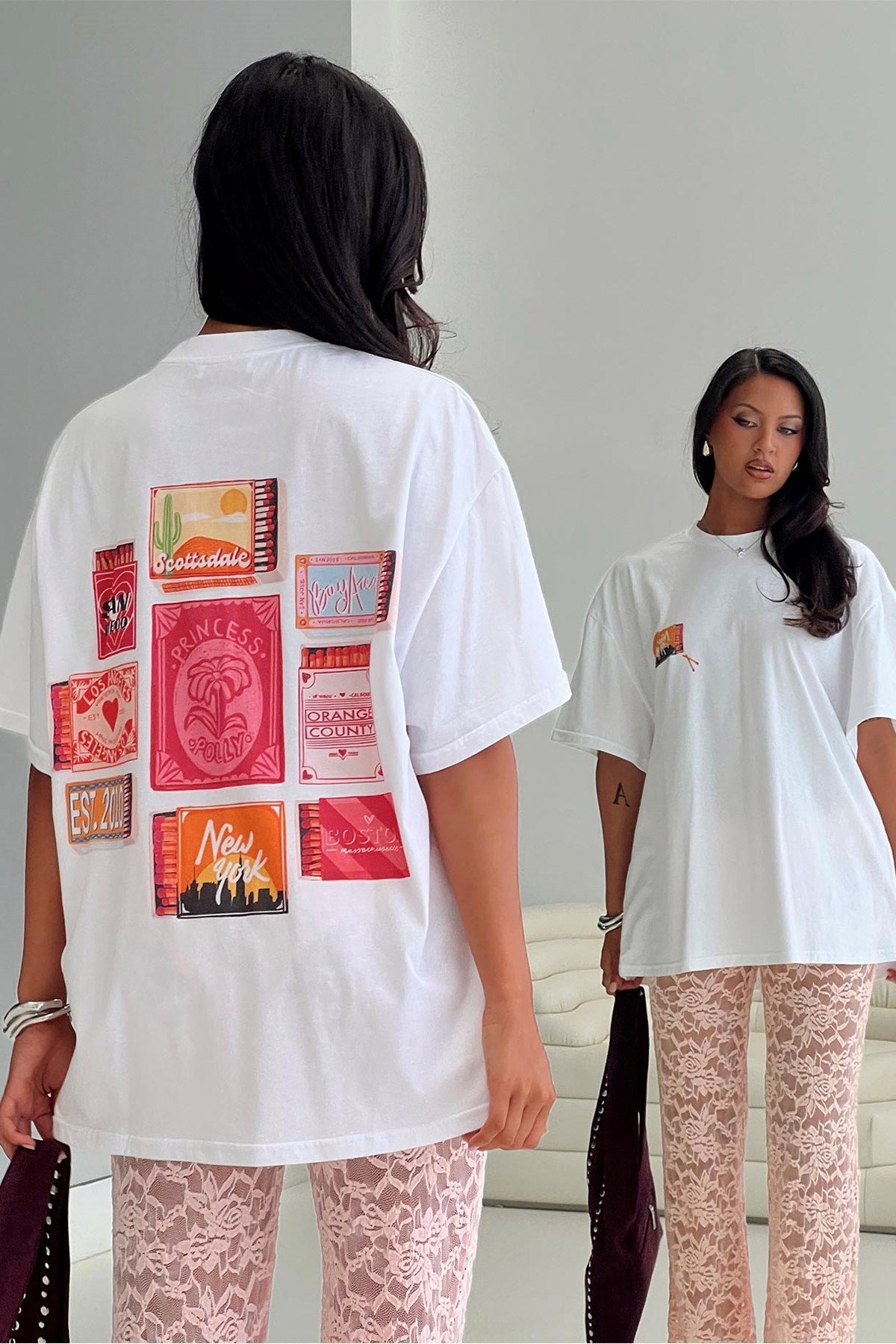 Kadın Oversize Tişört Princess Polly Baskılı Beyaz – Bisiklet Yaka, %100 Pamuk Compact Süprem 24/1
